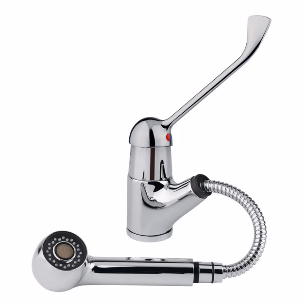 Single-handle kitchen faucet with pull-out spray and long handle